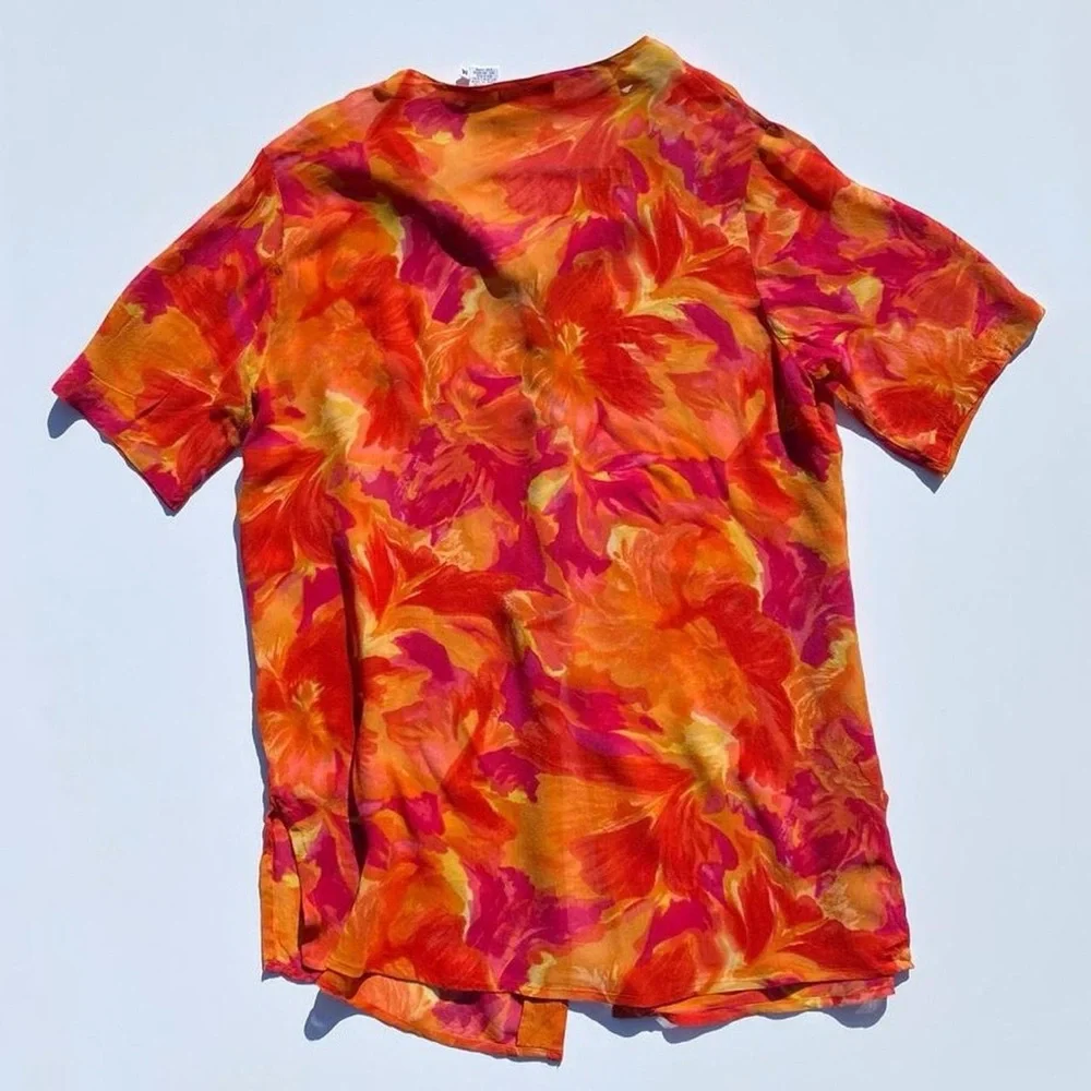 Vintage Sun Streak Orange Sheer Floral Swim Coverup Womens Medium Beach Vacation